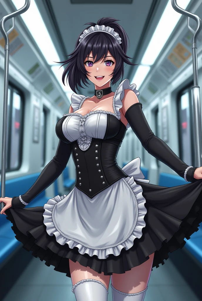 1 woman in black maid outfit with white skirt, white stockings, and tight corsets, showcasing immense curves, Mohawk hairstyle, extremely beautiful. Surrounded by elderly gentlemen who are admiring her. She playfully begins to show off, enjoying the attention. She's facing the viewer, smiling happily, in a futuristic subway setting. Anime style, a masterpiece, highest resolution, quality, detail, sharply focused, professional image