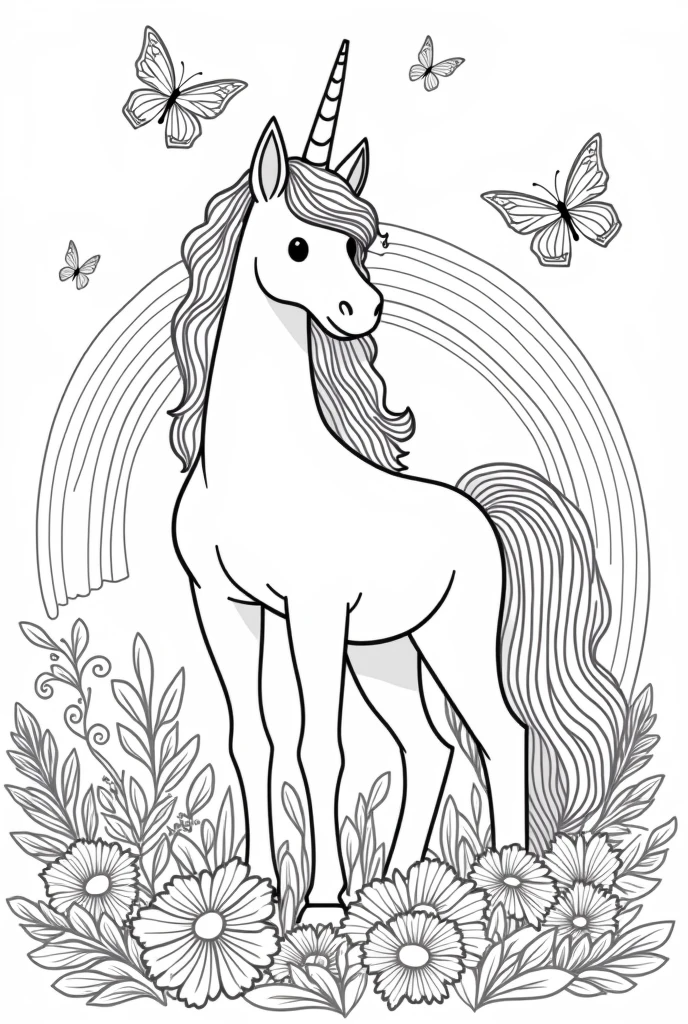 (black and white),ColoringBookAF,cute unicorn ,sky and clouds,rainbow, stars,colouring book,<lora:ColoringBookRedmond-ColoringBookAF:1>,