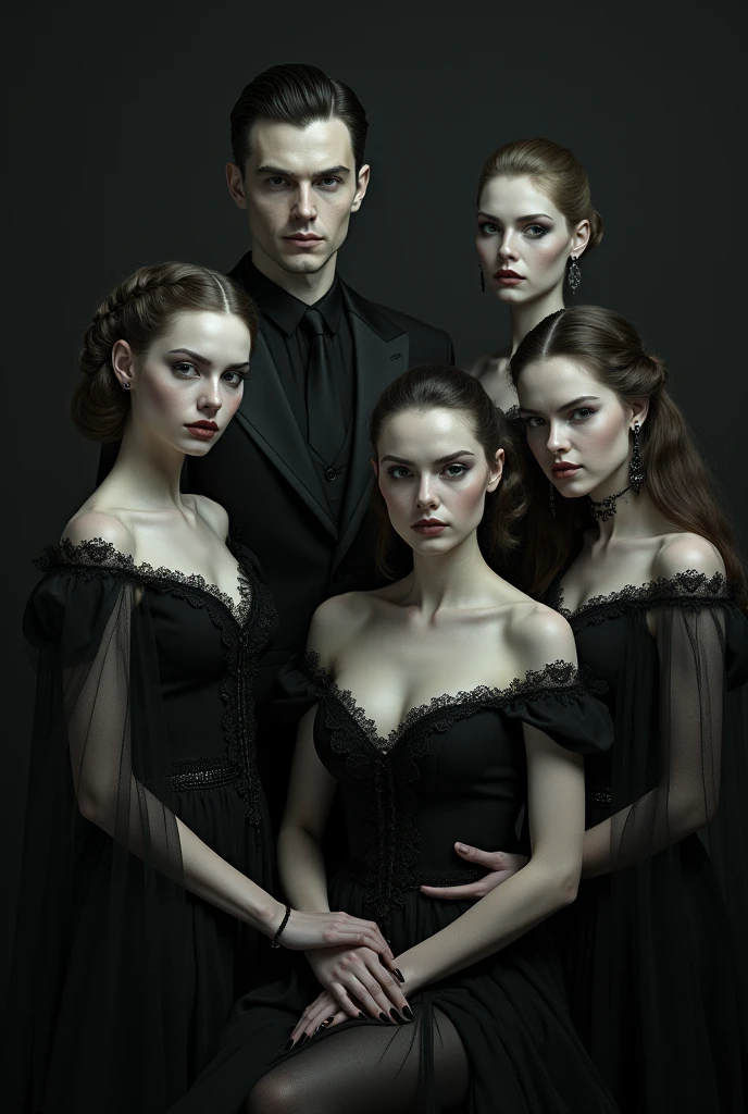 The Ventrue are aristocratic and influential vampires from "Vampire: The Masquerade", known for their elegance and leadership skills, designer dresses and luxurious accessories, The Ventrue maintain an immaculate appearance, taking meticulous care of their personal hygiene and aesthetics, They display a noble and confident posture, Their features are often striking and aristocratic, with well-defined faces and piercing eyes that reflect their dominance and power,