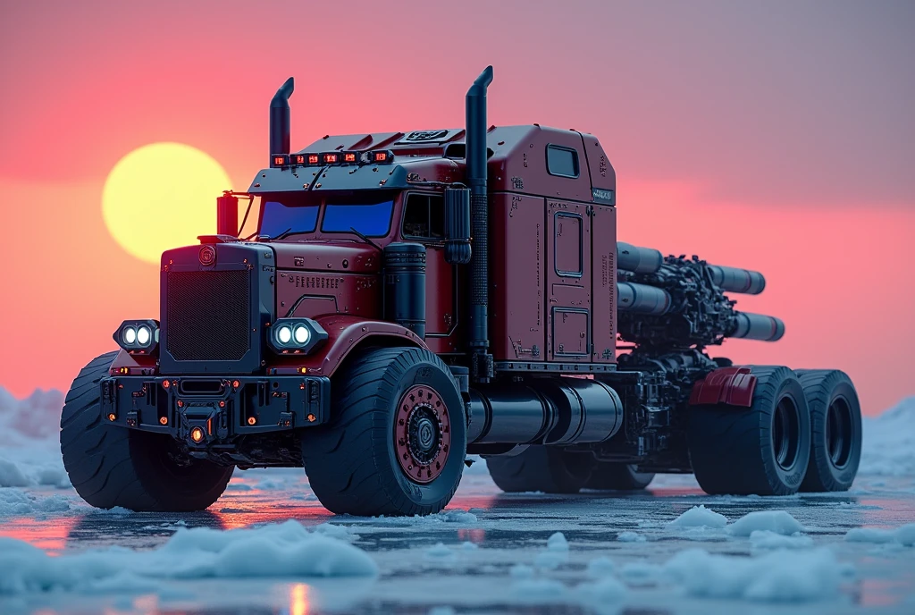 red and black theme, detailed photorealistic image, a_skynet_cyberdyne_craft, image features a moonlit scene of a Cyberdyne armored super optimus prime truck futuristic, large trailer with flying drive system, futuristic wheels, in a glacial landscape of ice and snow, neon lenses, science clues Futuristic fiction, with metallic black and red alloy surfaces with high end diodes circuits and bright blue lights, which give a very advanced industrial military look, with large plasma cannons and rocket launchers on both sides of the turret; great depth of field. Sunset, the sky is bright red.