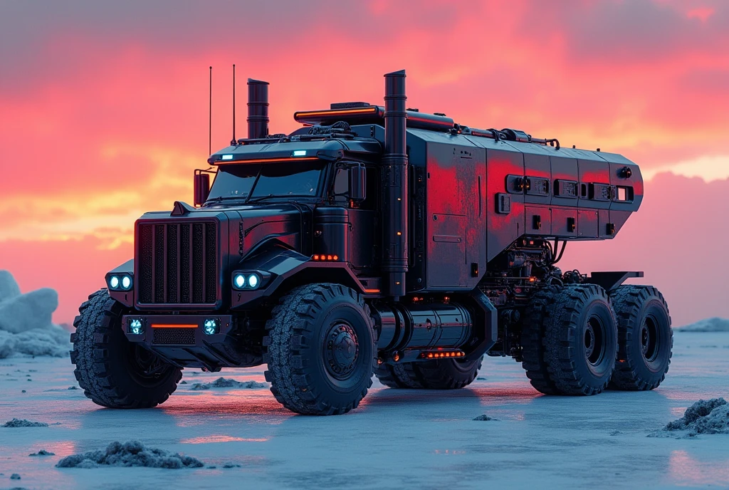 red and black theme, detailed photorealistic image, a_skynet_cyberdyne_craft, image features a moonlit scene of a Cyberdyne armored super optimus prime truck futuristic, large trailer with flying drive system, futuristic wheels, in a glacial landscape of ice and snow, neon lenses, science clues Futuristic fiction, with metallic black and red alloy surfaces with high end diodes circuits and bright blue lights, which give a very advanced industrial military look, with large plasma cannons and rocket launchers on both sides of the turret; great depth of field. Sunset, the sky is bright red.
