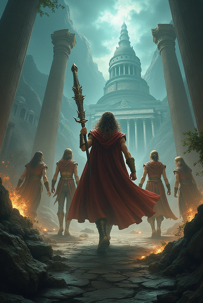  A shirtless body builder king with hair on his shoulder standing  on the roof of palace wearing white, with his sword in the air, 4 slave blonde white tall almost naked girls standing obediently beside the king with big breasts coming out from their long sleeveless pink and green shirts covering slightly their vaginas and beautiful hips , looking at him cherishing, thunder touches  the sword while lightening.all facing towards front side.