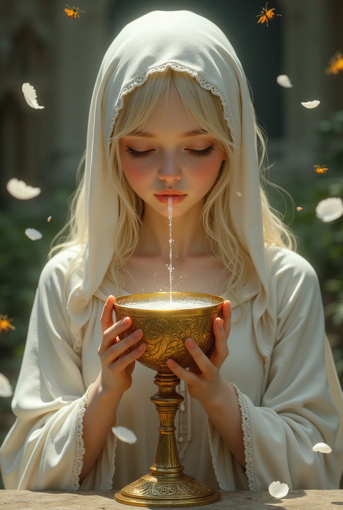 Monja, totalmente desnuda, swallowing semen from a golden chalice