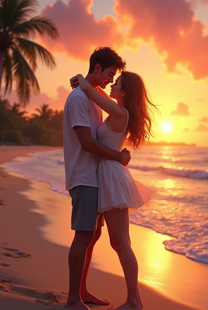 Prompt 2: On a golden beach at sunset, a young man runs towards a woman standing near the water’s edge. As he reaches her, he wraps his arms around her in a heartfelt embrace. The sun is setting behind them, casting a golden glow over the ocean waves and creating a silhouette of their bodies entwined in a warm, loving hug.
