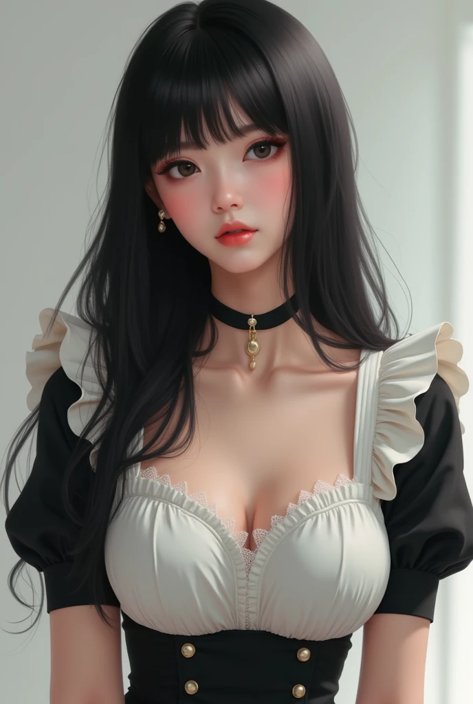 1 Female,black hair, ((Looks impatient)), Beautiful, White sexy vest, good style, symmetrical clothes, (Facing forward), (Red cheeks, expression of contempt), (beautiful face), (((Upper body portrait))), blue eyes, (((The bangs are very even))),