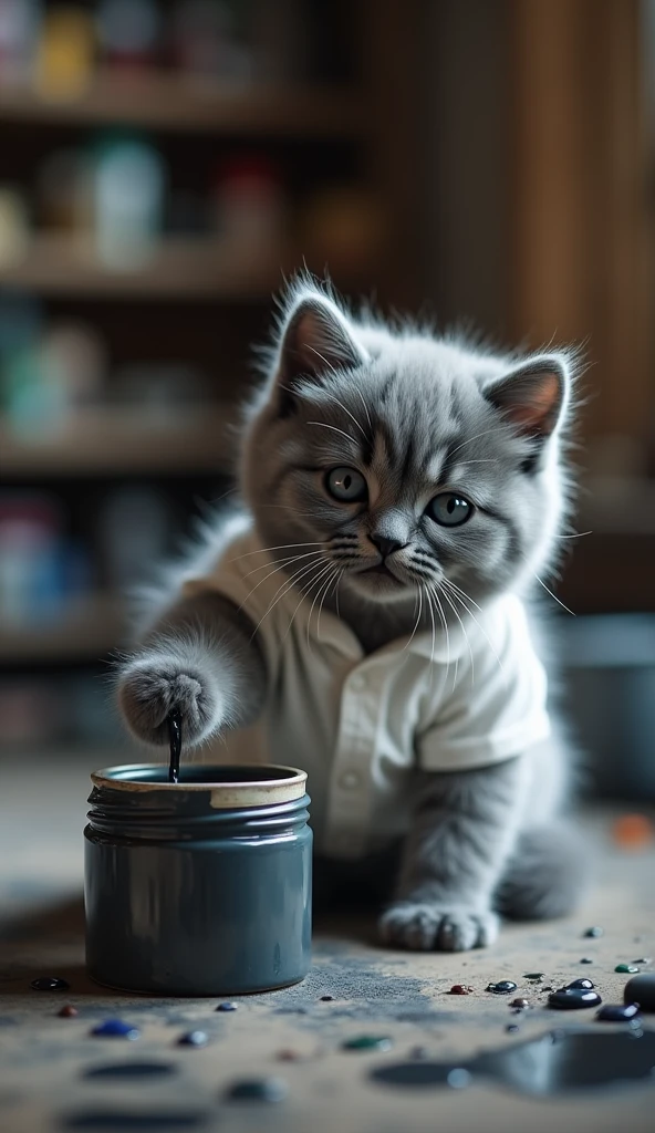a gray kitten he is wearing a simple white shirt he is very sad, he is inside a paint store, with a can of black paint in front of him he mixes the paint, ultra realistic image in vivid colors and in 4k