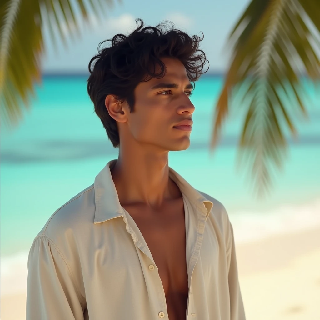 18 year old boy, hairless, just with a sheet covering your lower private area, on a desert island, sitting down