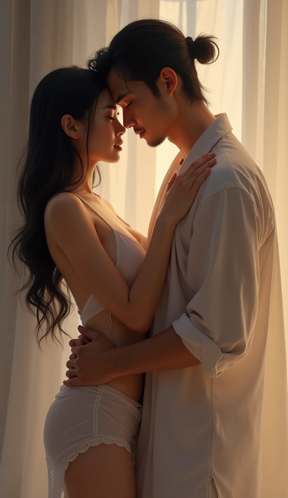 A deeply emotional and artistically provocative depiction of a father and daughter, exploring the theme of forbidden love. The scene is intimate and charged with tension, capturing the complex and taboo emotions between them. Both figures are nude, with the father's protective and conflicted demeanor contrasting with the daughter's innocent yet alluring presence. The lighting is soft and dramatic, highlighting their forms and expressions. The background is minimalistic, focusing attention on their interaction and the intricate, controversial dynamics. The overall composition should evoke a sense of forbidden desire, emotional depth, and artistic beauty.