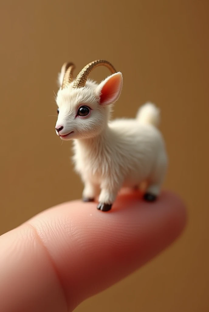 The world's smallest baby highland goat, a white calf perched on someone's finger, is undoubtedly cute and charming. The photo is very realistic and captures the subtle features of the miniature goat with precise precision.