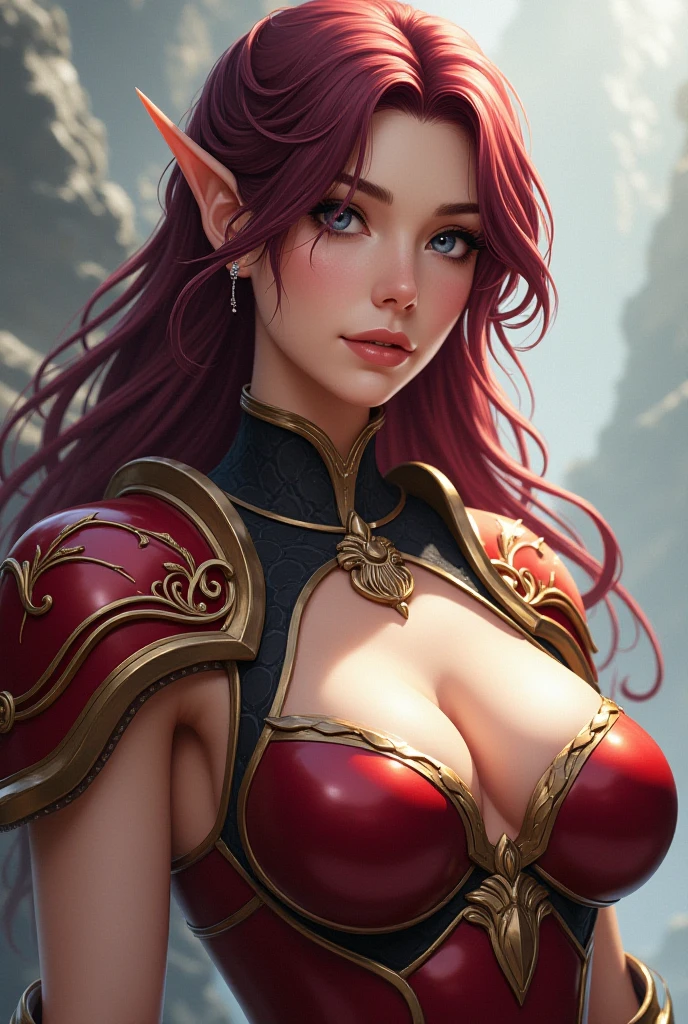 Fantasy, medieval, facing camera, ((best quality)), ((masterpiece)), (detailed), perfect face, perfect body, beautiful sexy elf, standing, heroic pose, long red hair, big eyes, blue eyes, black eyeliner, big tits, freckles, outdoors, gloomy forest, crown of flowers on head