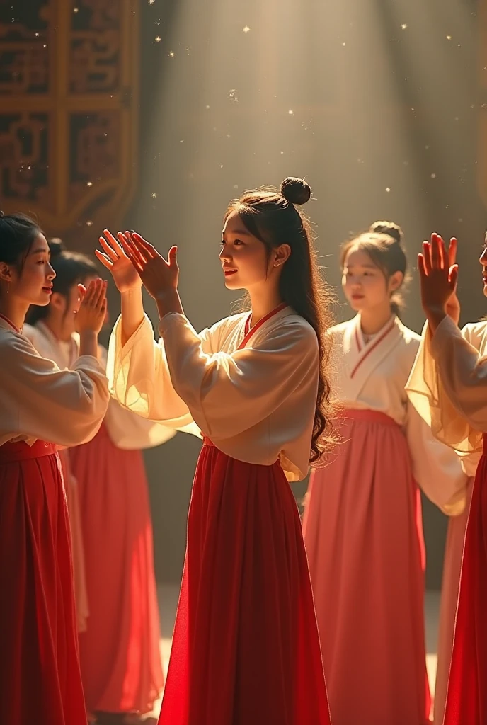 (8k、RAW photos、best quality, realistic, Color photo, various poses, Normal and detailed eyes, long straight hair, high quality, korean,) Women performing inside a temple