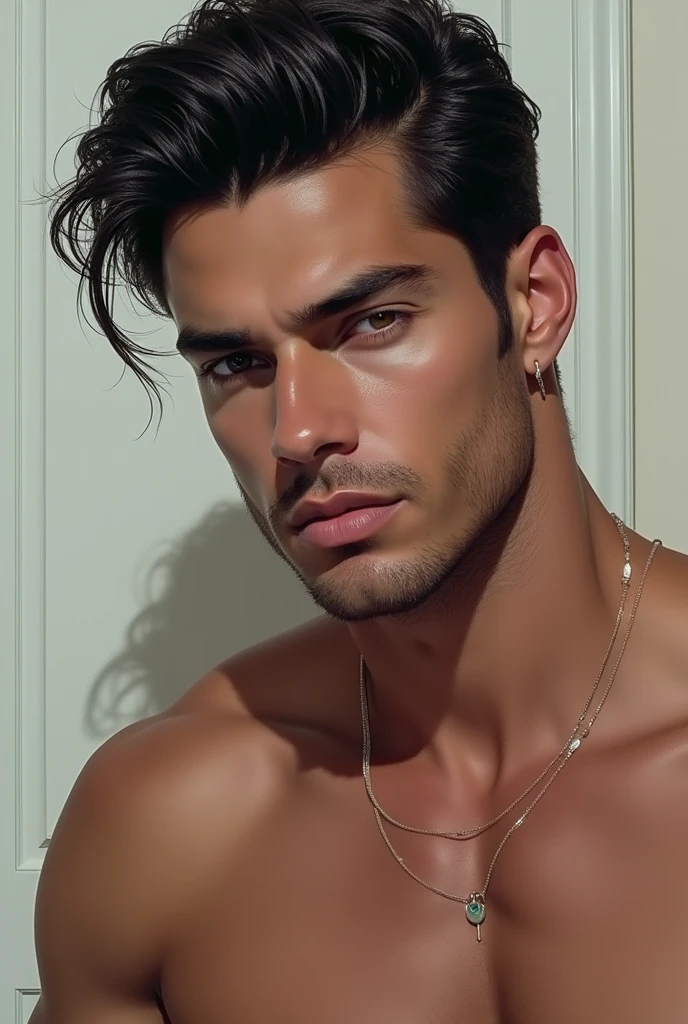 HD quality, high definition, male 18 years old handsome, muscular and slim, red lips, leaning against sofa ((exposed ??????)) open legs , model with bracelets, earrings and Necklace, with sunglasses, nude and naked body, eyebrowse angry, side view, sexy and seductive, with hands are tied up, with small tattoo on his navel, with open vest, and strap on his legs, with backpack, a traveler,