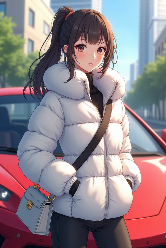 White puffer jacket rich anime girl with bag and car