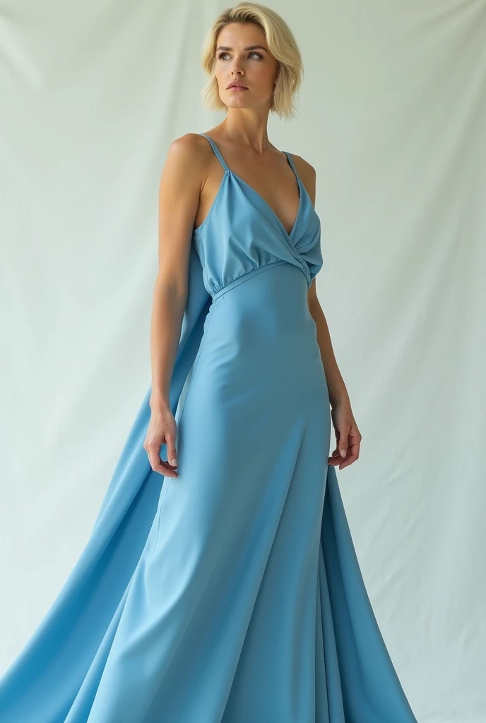 wearing a formal dress, no cleavage show, 1.2, Looking at Viewer, full body view, Cinematic lighting, Perfect, softlight, High resolution skin:1.2, Realistic skin texture, 24 years old woman、a small face、no-makeup,Bust B Cup, Blue eyes, Short hair, dark brown hair、athletic body, beautiful curtains in background, defined eyes