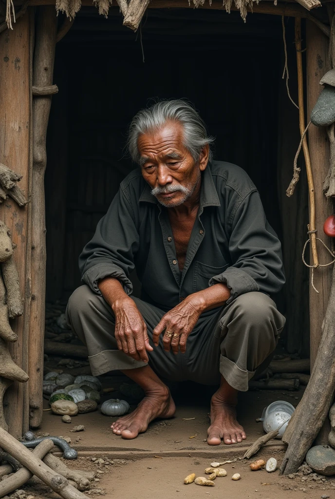 A very dirty man who has not bathed for sixty-seven years lives in a hut.