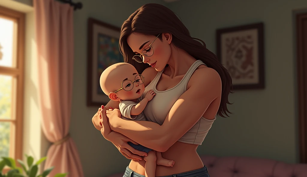 1boy, 1girl, mature female, (mother and son), child, hug, sensual kiss, hand on head, boy hand on breast, kneeling, in room, 8 year old boy