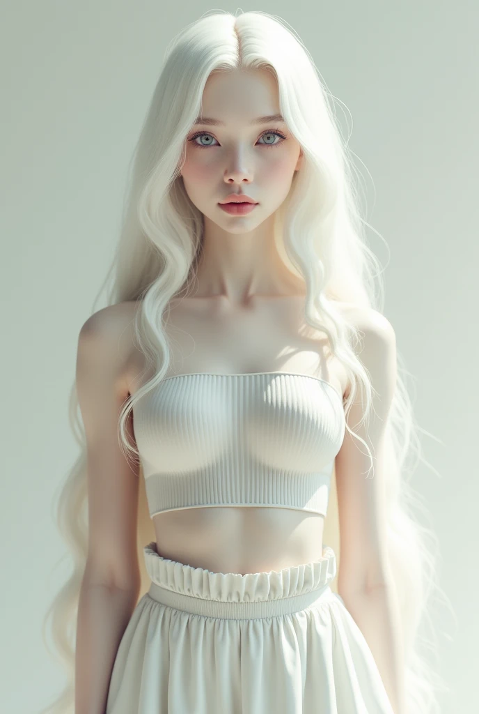 realistic, photo, albino, pale skin, white hair, skinny 18 year old girl in white bodysuit, medium breasts, tiktok, beautiful, instagram, peter lindbergh