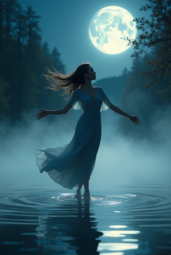 Yakshini in the Moonlight"
A Yakshini dancing under the full moon, her silhouette outlined against the night sky. Her flowing hair and sari move with the wind, and she is surrounded by floating orbs of light. The background features a serene lake reflecting the moon and stars, with mountains in the distance. The overall mood is calm and enchanting.