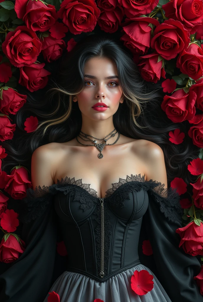 Mulher, longos cabelos pretos, pale skinned, Oblique and disingenuous gypsy eyes, red-lips, camisa branca , ombros nus, espartilho preto, saia vermelha diversas camadas, saia rodada muitos babados, sai vermelha detalhes dourados, Rose petals scattered on the ground, rose petals. Saia rodada.
