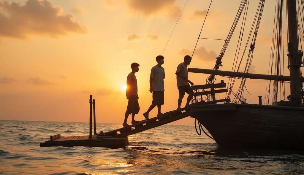 Kai is a lean, wiry teenager with tanned skin from long days spent under the sun. His hair is dark and unruly.A group of fishermen gathered around the boy, listening intently as he teaches them how to sail safely through storms."**