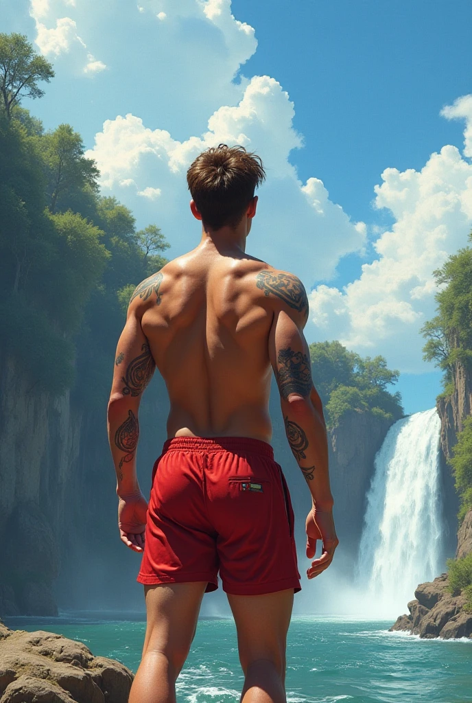 Brent Corrígan 25 years old, (fit body: 1.5), (big muscle: 1.4) bathing under a waterfall