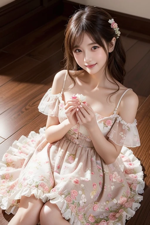 dress, bouffont dress, transparent long sleeves, daisies, cherry, ((Full breasts)), ((The skirt is short)), ((Very beautiful legs)), ((Everlasting)), Sitting, ((She gently lifted her skirt with one hand,Make gentle and playful gestures)), Practical, Fashion Girl, Red lips, blush, Shy expression, Cute and sweet female, Exquisite makeup, big eyes, beautiful, (best quality, masterpiece:1.2), Very detailed, (Practical:1.37), ((Random Scenes, Random shooting angle)), Young and energetic, Charming model, (Exquisite eyes, Delicate lips), Show a bright smile, Create stunning girl images, warm color, Extremely saturated colors, Official Art, Extremely detailed CG, Unity 8K wallpaper, (High Dynamic Range :1.4), (Movie atmosphere),(Soft colors), (Natural skin texture, ultra-Practical, Soft Light, sharp),(Very detailed), night, moonlight, ((Correct leg shape)), ((Anatomically correct))