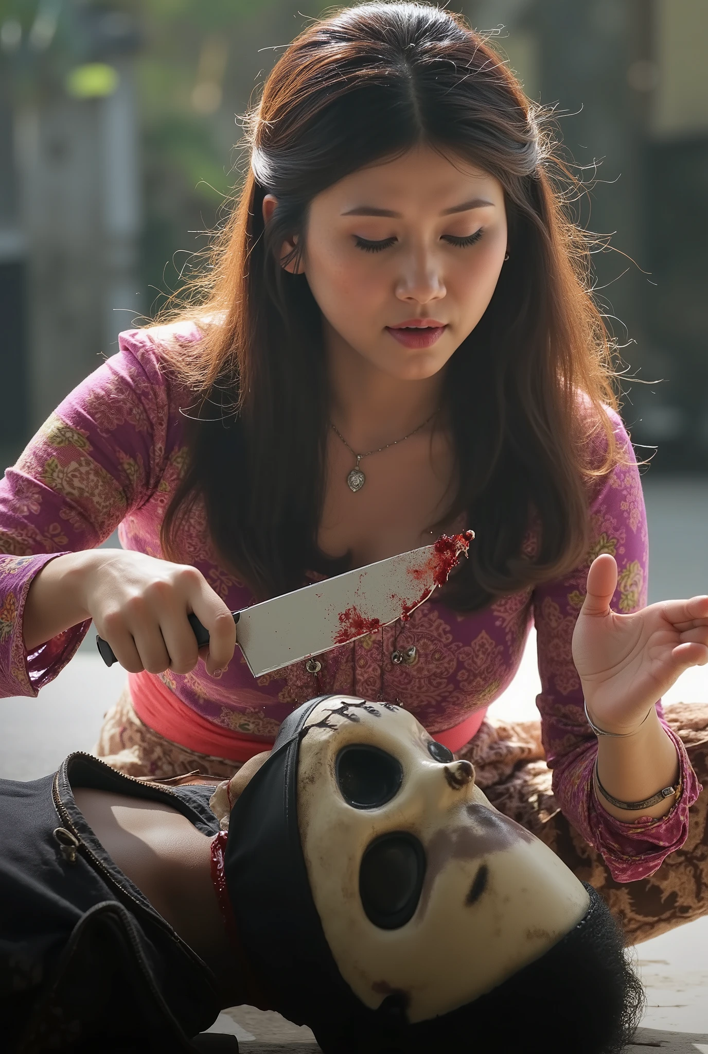 Woman kill male, Woman cut throat male, Woman knife, Woman kebaya bali Indonesia, blood flowed freely down Male neck, black hair, male neck spurted out a lot of blood, male full skeleton mask, a male, male hoodie, handsome male, Woman Slaughter male, male dead, male eyes close