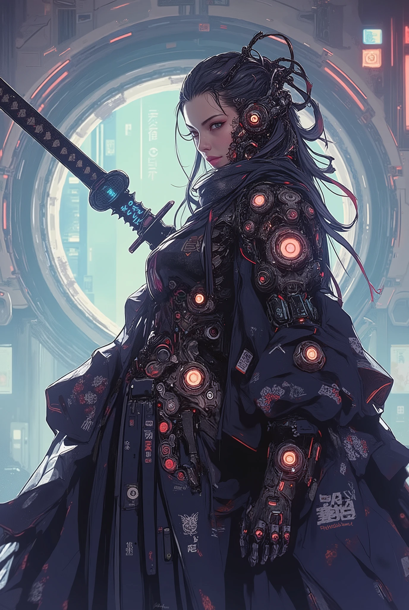 ((anime art style illustration)) of (perfect Asian cyberpunk girl samurai))), (((wearing incredibly detailed ornate cyberpunk samurai armour with Katana))), ((LED lights)), (((Japanese Kabuki hairstyle))), perfect features, ((((full figure) dynamic pose))), (((starship interior))), (((Syd Mead art style))), abstract beauty, near perfection, pure form, concept art, intricate detail, 8k post-production, High resolution, super Detail, art station Trends, sharp focus, studio photos, intricate detail, Very detailed.