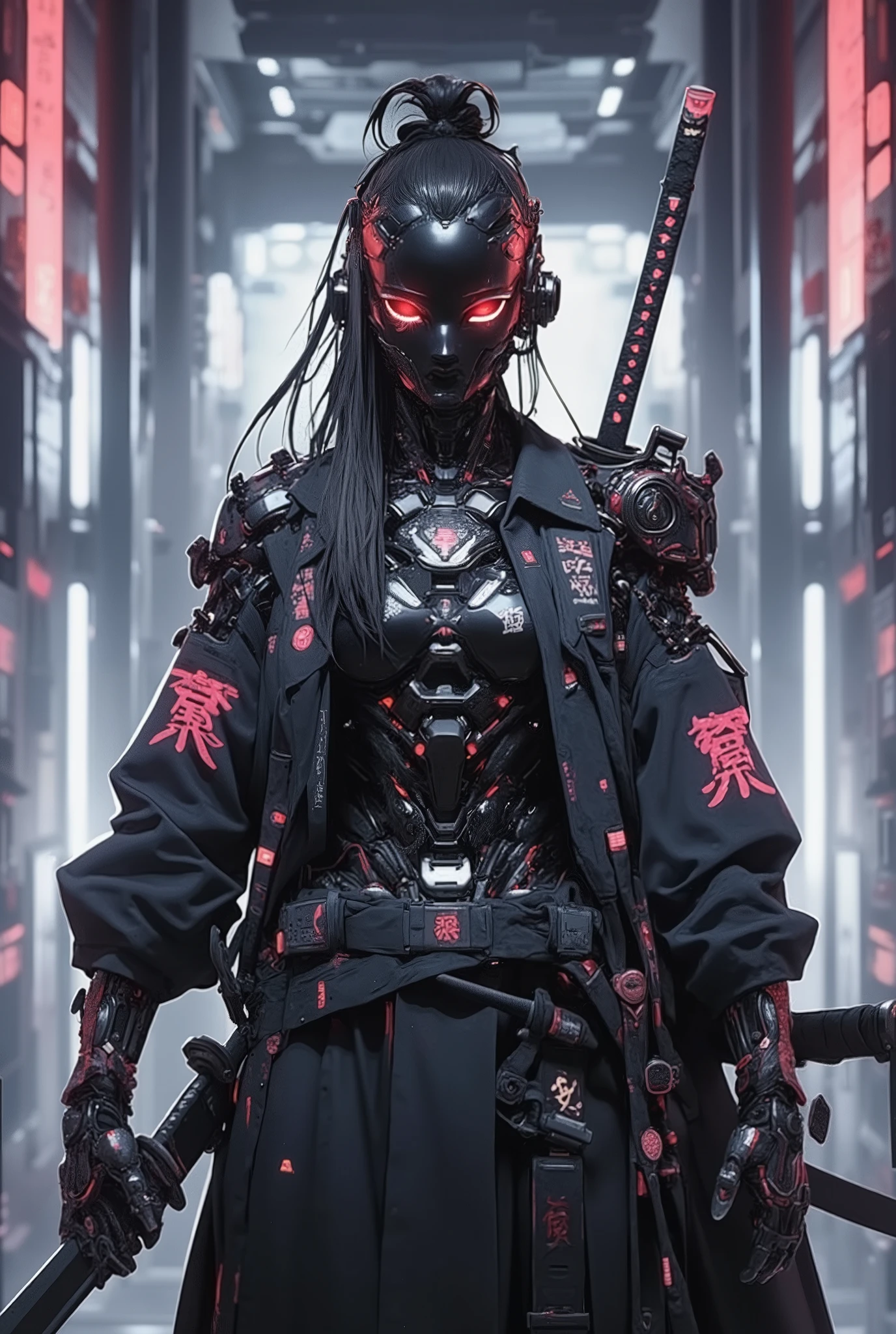 ((anime art style illustration)) of (perfect Asian cyberpunk girl samurai))), (((wearing incredibly detailed ornate cyberpunk samurai armour with Katana))), ((LED lights)), (((Japanese Kabuki hairstyle))), perfect features, ((((full figure) dynamic pose))), (((starship interior))), (((Syd Mead art style))), abstract beauty, near perfection, pure form, concept art, intricate detail, 8k post-production, High resolution, super Detail, art station Trends, sharp focus, studio photos, intricate detail, Very detailed.
