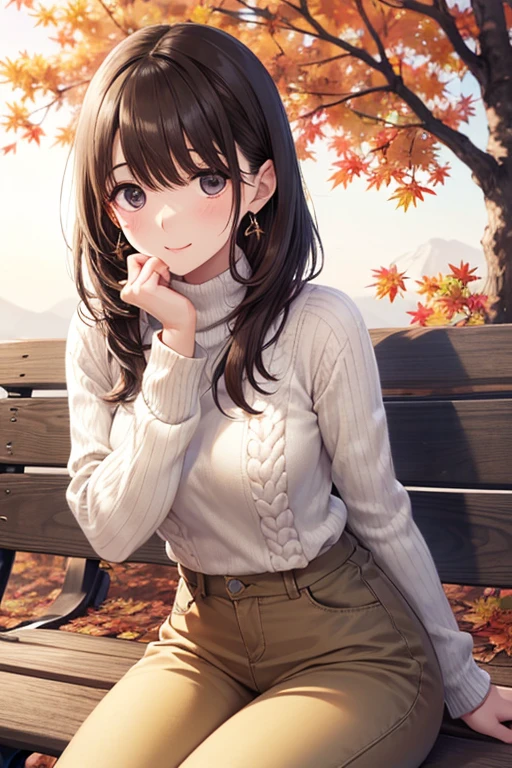 anegasaki nene、 Shiny Maroon Hair ,  ( brown pretty eyes 、 sparkling eyes , Fine grain)、smile、 super detailed eyes、 very detailed face,  Highly Detailed Eyes,Alone、 one woman、((cowboy shot)),Only one female,  ( Best Masterpiece Top Quality:1.2)  、





(  The silence and beauty of autumn nature  :1.5)、

Autumn Afternoon、Breeze on a tree   々  color it  、  Scenery I saw with you  々   I'm dyed pale orange and red  ,  color the light of the sunset  、 The air is cool、 I can hear the whispering of fallen leaves  、   when you sit on a park bench  ,  I can see my wrists slightly when I roll up my sleeves ,  has a nostalgic scent that makes the surroundings stand out even more  、  fluffy white cable knit sweater 、 It was there Leaves quietly falling to the ground 、Perfect BGM for Autumn Afternoon,  Laughter and birds chirping quietly from afar 、  lightly wrapping a pale pink cashmere stole 、 I want to cherish a moment  、  The silence and beauty of autumn nature  gives a deep sense of comfort to the heart 、
 fluffy white cable knit sweater  、  The sweater is slightly large 、 I can see my wrists slightly when I roll up my sleeves  、  Beige high-waisted pants and camel short boots at your feet  、  slight aroma of coffee from a nearby cafe  、  Accessories are casual and glamorous with simple gold earrings and thin bracelets、 so beautiful