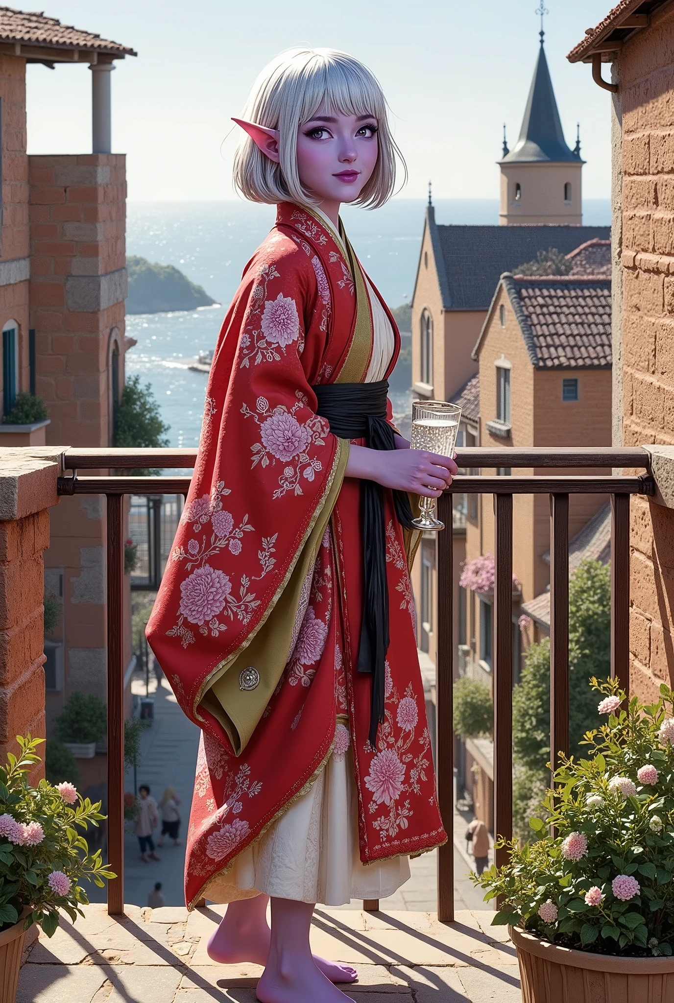 (Ultra-detailed face, Looking away, Fantasy Illustration with Gothic, Dark tone colors. ), BREAK
(Mediterranean summer sun. Mediterranean-style terracotta buildings and streets. A viewpoint overlooking the city and the sea. A woman with her back to the viewer is smiling on a balcony, her hair blowing in the sea breeze, one hand in front of her face, blocking the sunlight. In her other hand she holds a glass of sparkling water.), BREAK
(The young dark elf woman has white hair, white eyebrows, blunt bangs, ankle-length hair, small pink lips, dark purple skin, and thick eyeliner.), BREAK
(A female dark elf druid wears a deep red Japanese kimono with a pink cherry blossom pattern with gold trim and silver lace ruffles, a wide jet-black sash around her waist, and an ancient-looking dagger at her hip. He wears bare feet and sandals.), BREAK
(She wears a medieval Japanese-style kimono of white fabric with a summer blooming floral pattern. It is designed with white lilies and water lilies.)