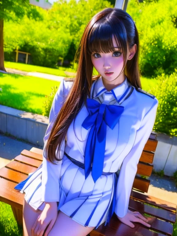 best quality,HDR,UHD,8K,Vivid Colors,solo,front view,photo_(medium),(1girl:1.3),(looking at viewer:1.4),ponytail,
standing,outside,sky,mountain,flower,rc,pencil skirt,coat,shirt,