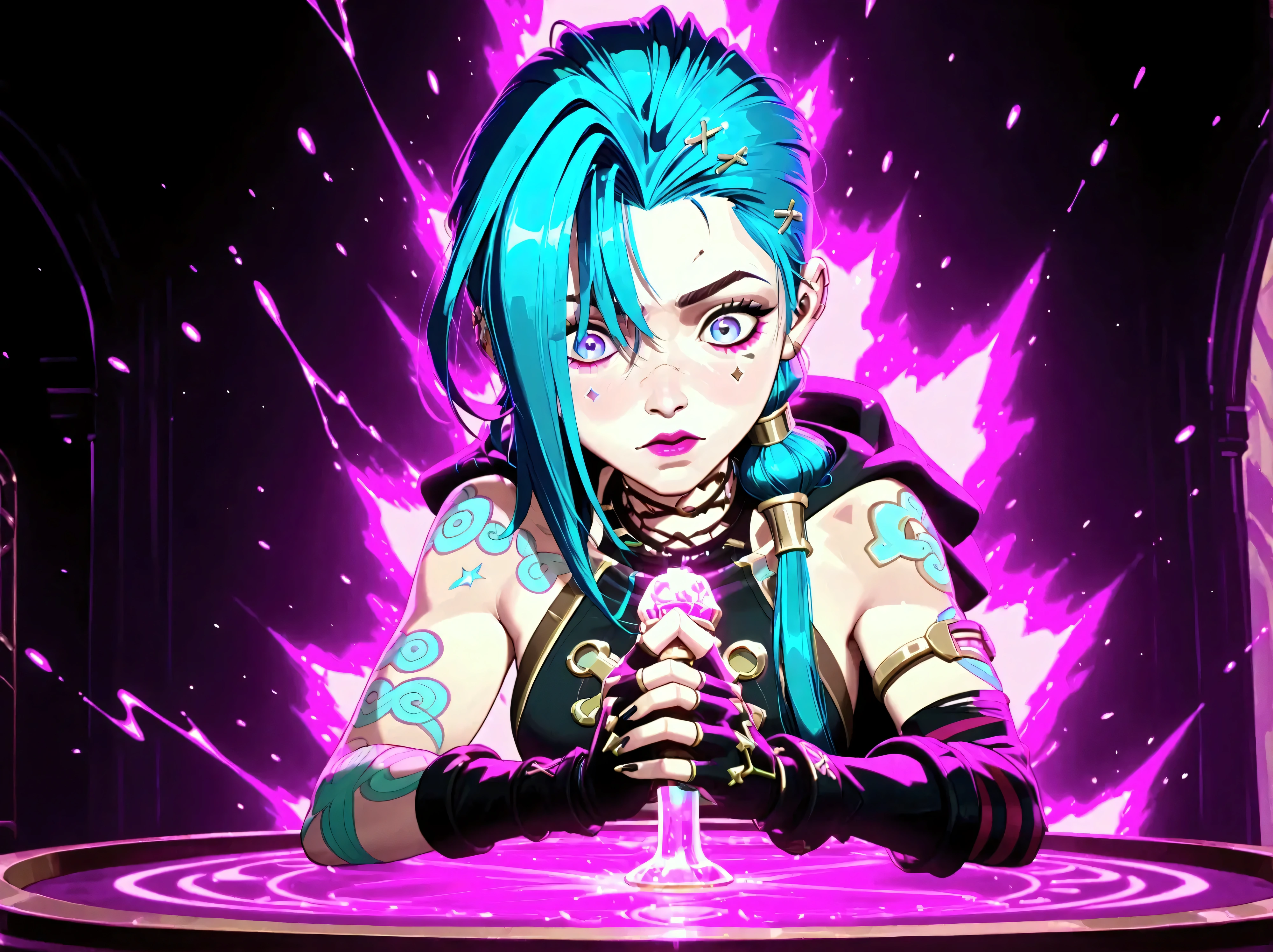 Créez une description créative et ludique d'un personnage inspiré du concept de « Nude Jinx » d'Arcane, une représentation sexy et séduisante tout en mettant l'accent sur ses traits de personnalité,  her style and the way she interacts with the world around her . Emphasize her playful nature ,  her vibrant energy and her unique fashion sense in a light and artistic way.. Make sure the description highlights its role in the story with explicit content.
