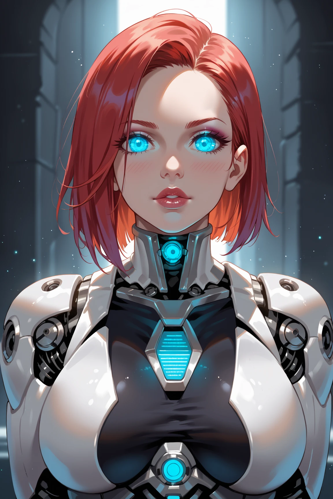 1girl, pink hair, long hair, skull, solo, looking at viewer, holding, blue eyes, blush, black lips, science fiction, bodysuit, makeup, glowing, indoors, breasts, cable, black bodysuit, cyberpunk, glowing eyes, smile, mechanical arms, upper body, lipstick, holding skull, zPDXL3, detailxl,  Score_PnyReal,, s1_dram fmuc