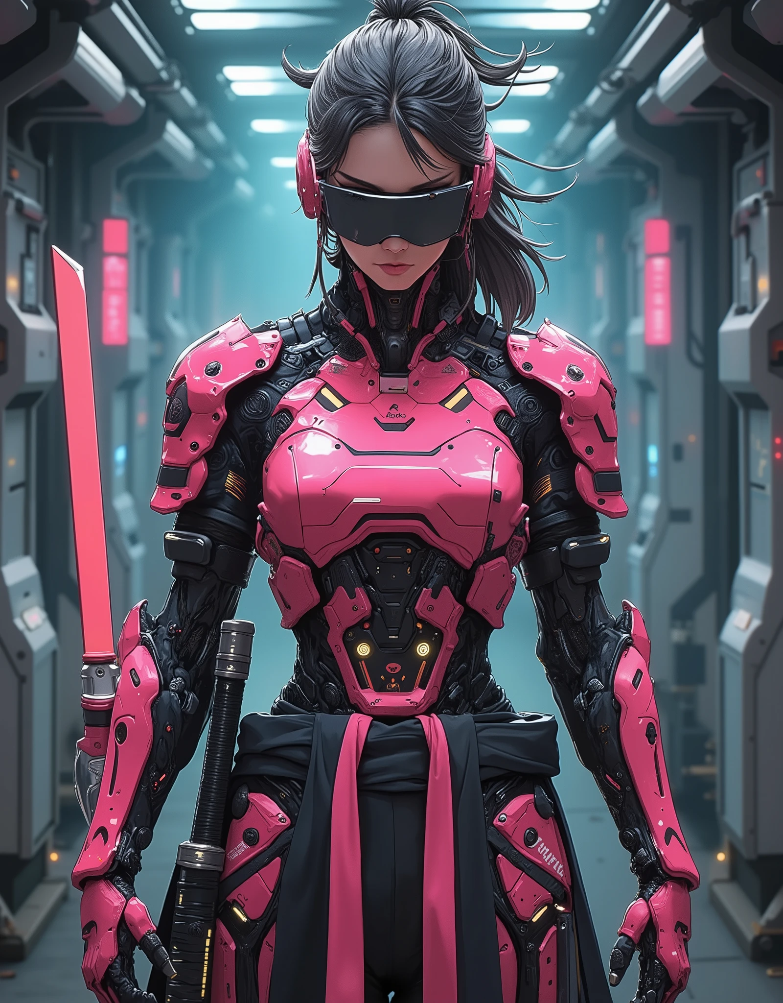 ((anime art style illustration)) of (perfect Asian cyberpunk girl samurai))), (((wearing incredibly detailed ornate cyberpunk Samurai armour))), ((LED lights)), (((Japanese Kabuki hairstyle))), perfect features, ((((full figure) dynamic pose))), (((starship interior))), (((Syd Mead art style))), abstract beauty, near perfection, pure form, concept art, intricate detail, 8k post-production, High resolution, super Detail, art station Trends, sharp focus, studio photos, intricate detail, Very detailed.
