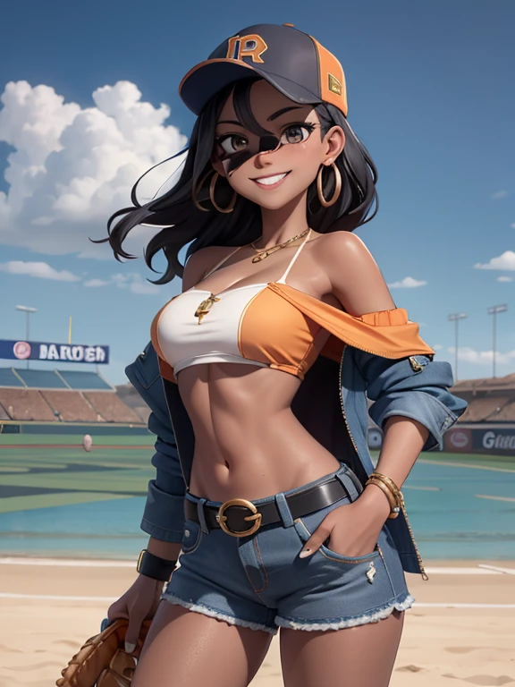 masterpiece, best quality, (Detailed face:1.2), (Detailed eyes:1.2), solo, 1girl, nessacasual, dark skin, makeup, medium breasts, opened blue jacket, black tank-top, cleavage, ((midriff)), denim short-shorts, hoop earrings, (holding a poke ball:1.3). looking at viewer, looking at the camera with an arrogant smile, standing, outdoors, city street
