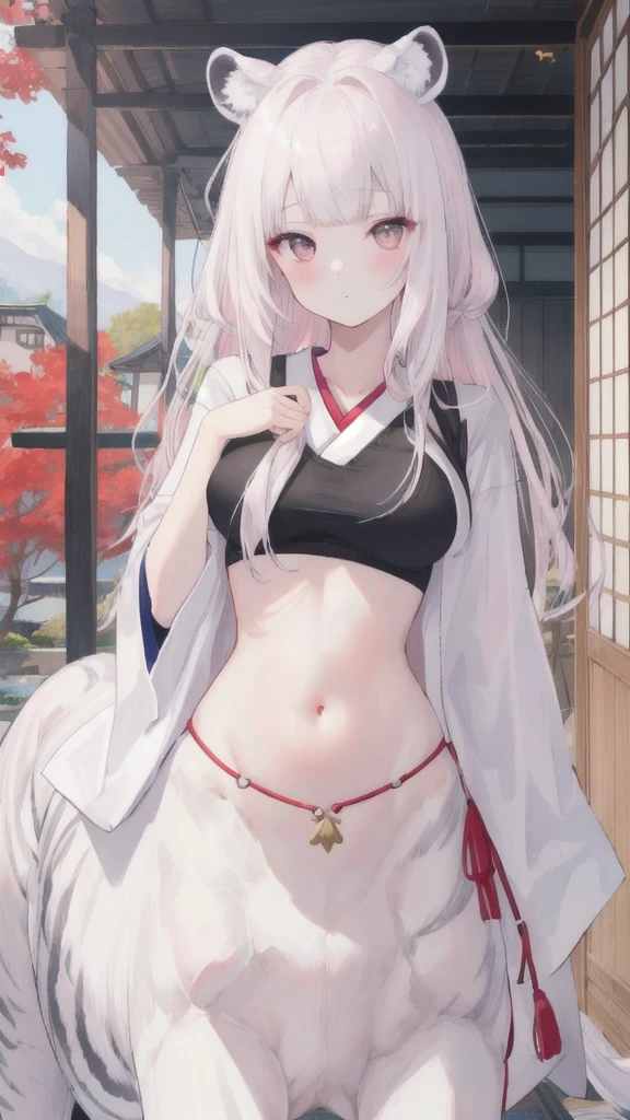 (best quality, masterpiece), 1 girl, centaur, It takes, White skin, Japanese , exposing the abdomen,belly button t-shirt, 아름다운 소녀 perfect white tiger photo, perfect white tiger photo