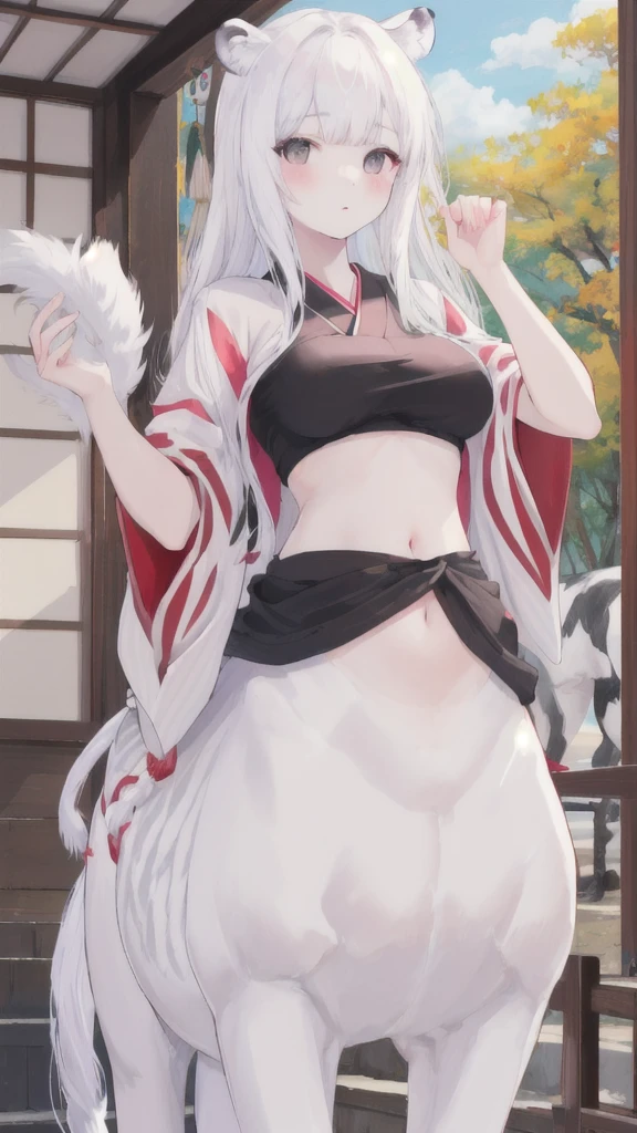 (best quality, masterpiece), 1 girl, centaur, It takes, White skin, japanese girl,((15 year old girl)), Smiling, exposing the abdomen,belly button t-shirt, 아름다운 소녀 perfect white tiger photo, perfect white tiger photo