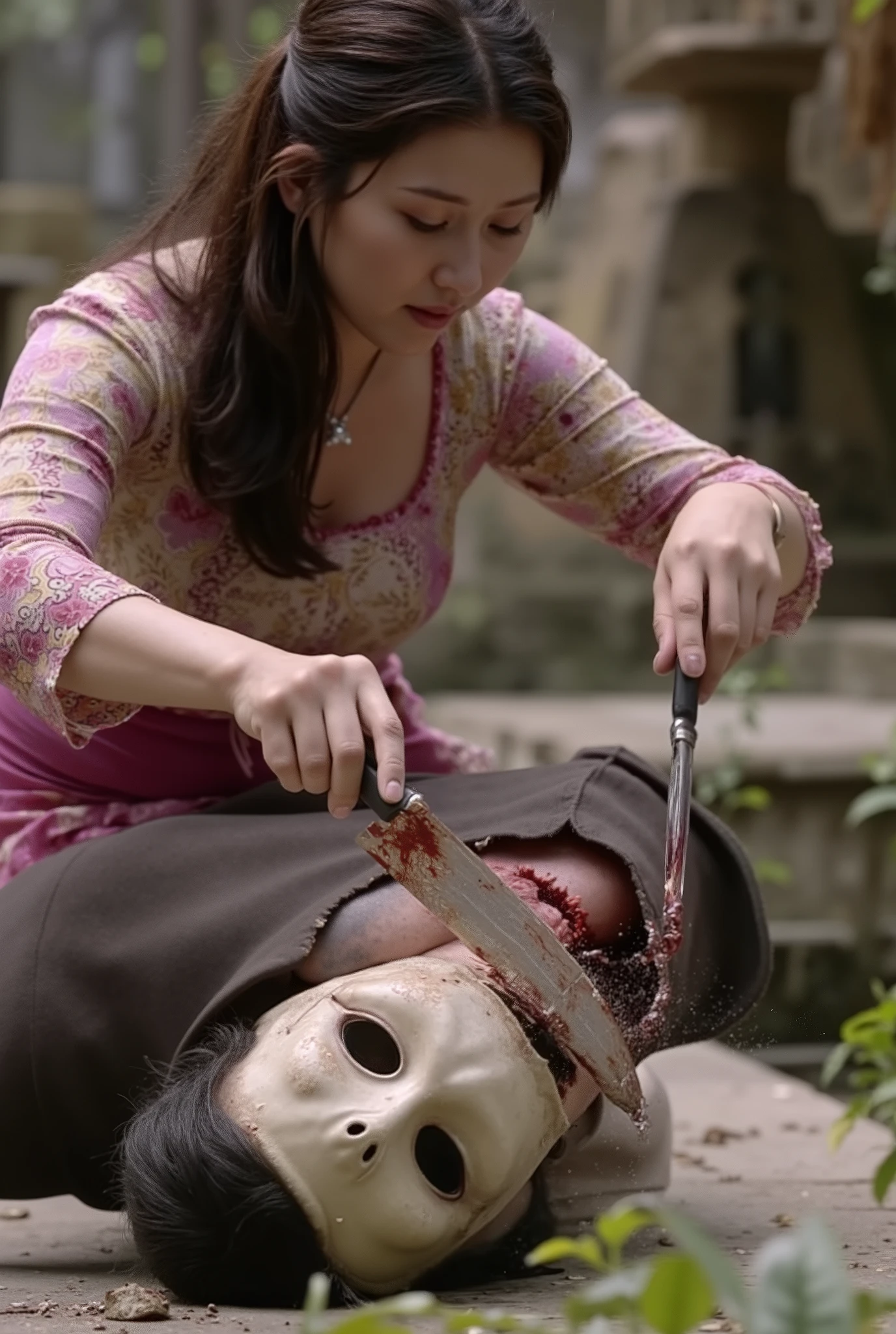 Woman kill male, Woman cut throat male, Woman knife, Woman kebaya bali Indonesia, blood flowed freely down Male neck, black hair, male neck spurted out a lot of blood, male full skeleton mask, a male, male hoodie, handsome male, Woman Slaughter male, male dead, male eyes close