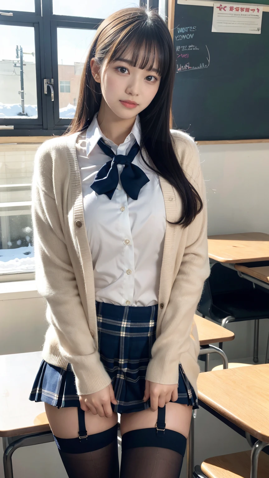 1 female、(european:1.2)、(blonde:1.1)、(super beautiful)、(beautiful face:1.5)、(adult face)、18 year old high school girl、(white panties:1.2)、spread your legs to the side、(high school uniform)、(navy pleated skirt:1.2)、school sweater、brown hair、wearing makeup、classroom chairs、(At SFW:1.7)