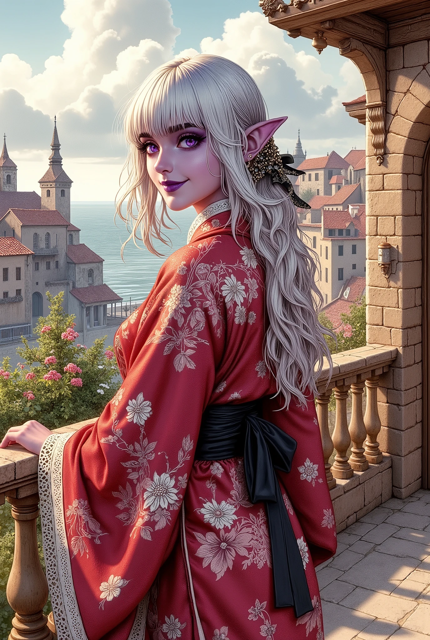 (Ultra-detailed face, Looking away, Fantasy Illustration with Gothic, Dark tone colors. ), BREAK
(Mediterranean summer sun. Mediterranean-style terracotta buildings and streets. A viewpoint overlooking the city and the sea. A woman with her back to the viewer is smiling on a balcony, her hair blowing in the sea breeze, one hand in front of her face, blocking the sunlight. In her other hand she holds a glass of sparkling water.), BREAK
(The young dark elf woman has white hair, white eyebrows, blunt bangs, ankle-length hair, small pink lips, dark purple skin, and thick eyeliner.), BREAK
(A female dark elf druid wears a deep red Japanese kimono with a pink cherry blossom pattern with gold trim and silver lace ruffles, a wide jet-black sash around her waist, and an ancient-looking dagger at her hip. He wears bare feet and sandals.), BREAK
(She wears a medieval Japanese-style kimono of white fabric with a summer blooming floral pattern. It is designed with white lilies and water lilies.)