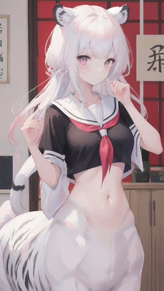 (best quality, masterpiece), 1 girl, centaur, I beg, White skin, Japanese schoolgirl,daughter,black pink, exposing the abdomen, belly button t-shirt , Beautiful girl perfect white tiger photo, Perfect Athlete Photo