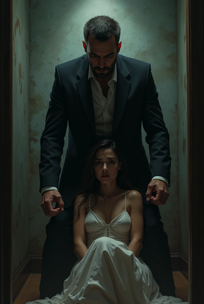 a middle-aged man with a sinister expression, a young woman in a hypnotic trance, the man's hand reaching towards the woman's underwear, motionless as a statue, dramatic lighting, dark and moody atmosphere, cinematic composition, highly detailed, masterpiece, photorealistic, dark fantasy, dramatic chiaroscuro lighting