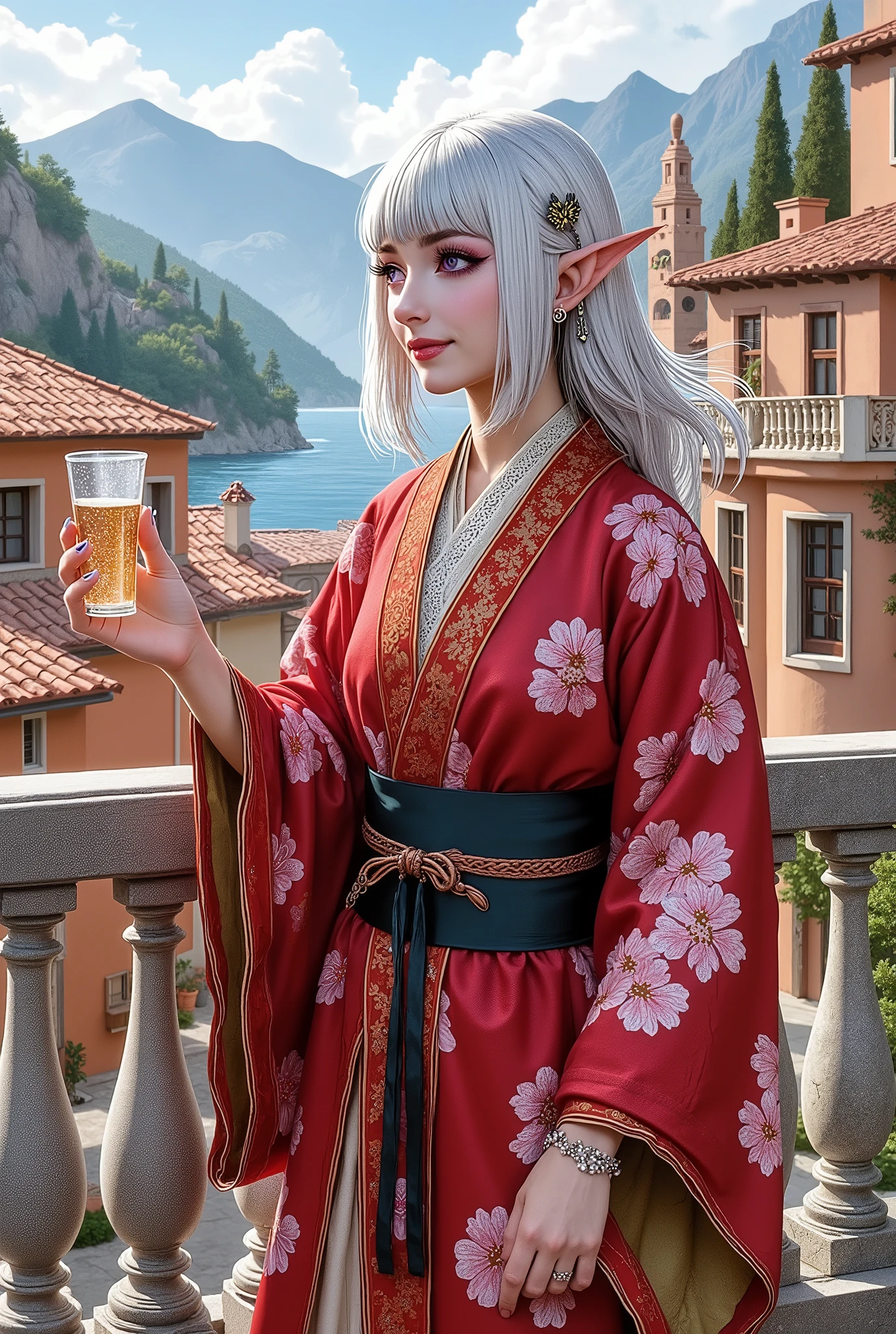 (Ultra-detailed face, Looking away, Fantasy Illustration with Gothic, Dark tone colors. ), BREAK
(Mediterranean summer sun. Mediterranean-style terracotta buildings and streets. A viewpoint overlooking the city and the sea. A woman with her back to the viewer is smiling on a balcony, her hair blowing in the sea breeze, one hand in front of her face, blocking the sunlight. In her other hand she holds a glass of sparkling water.), BREAK
(The young dark elf woman has white hair, white eyebrows, blunt bangs, ankle-length hair, small pink lips, dark purple skin, and thick eyeliner.), BREAK
(A female dark elf druid wears a deep red Japanese kimono with a pink cherry blossom pattern with gold trim and silver lace ruffles, a wide jet-black sash around her waist, and an ancient-looking dagger at her hip. He wears bare feet and sandals.), BREAK
(She wears a medieval Japanese-style kimono of white fabric with a summer blooming floral pattern. It is designed with white lilies and water lilies.)
