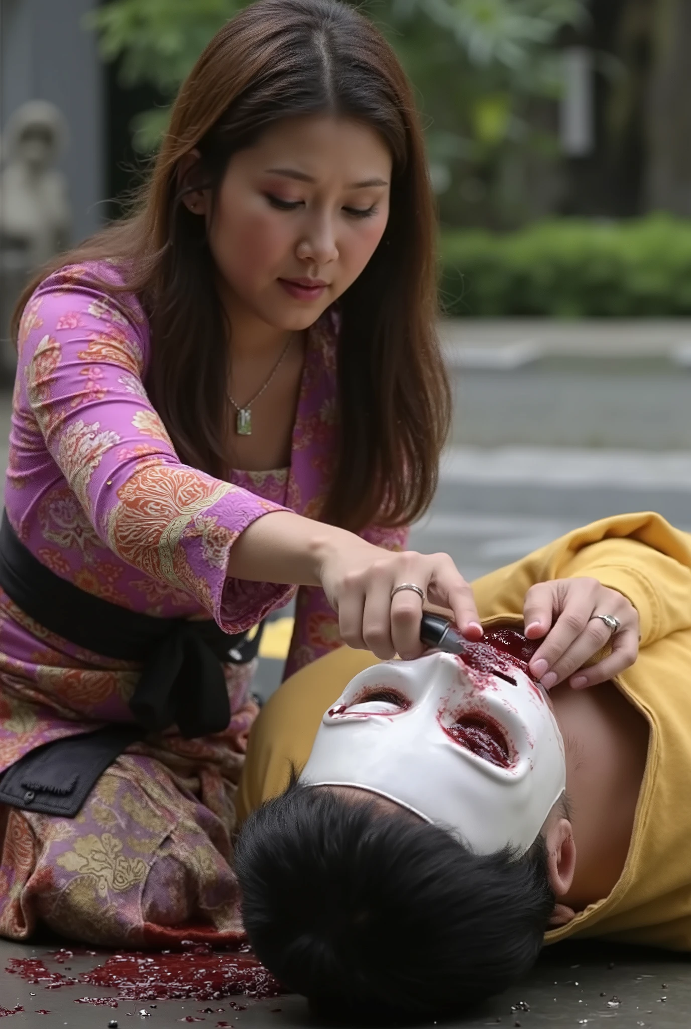 Woman kill male, Woman cut throat male, Woman knife, Woman kebaya bali Indonesia, blood flowed freely down Male neck, black hair, male neck spurted out a lot of blood, male full skeleton mask, a male, male hoodie, handsome male, Woman Slaughter male, male dead, male eyes close