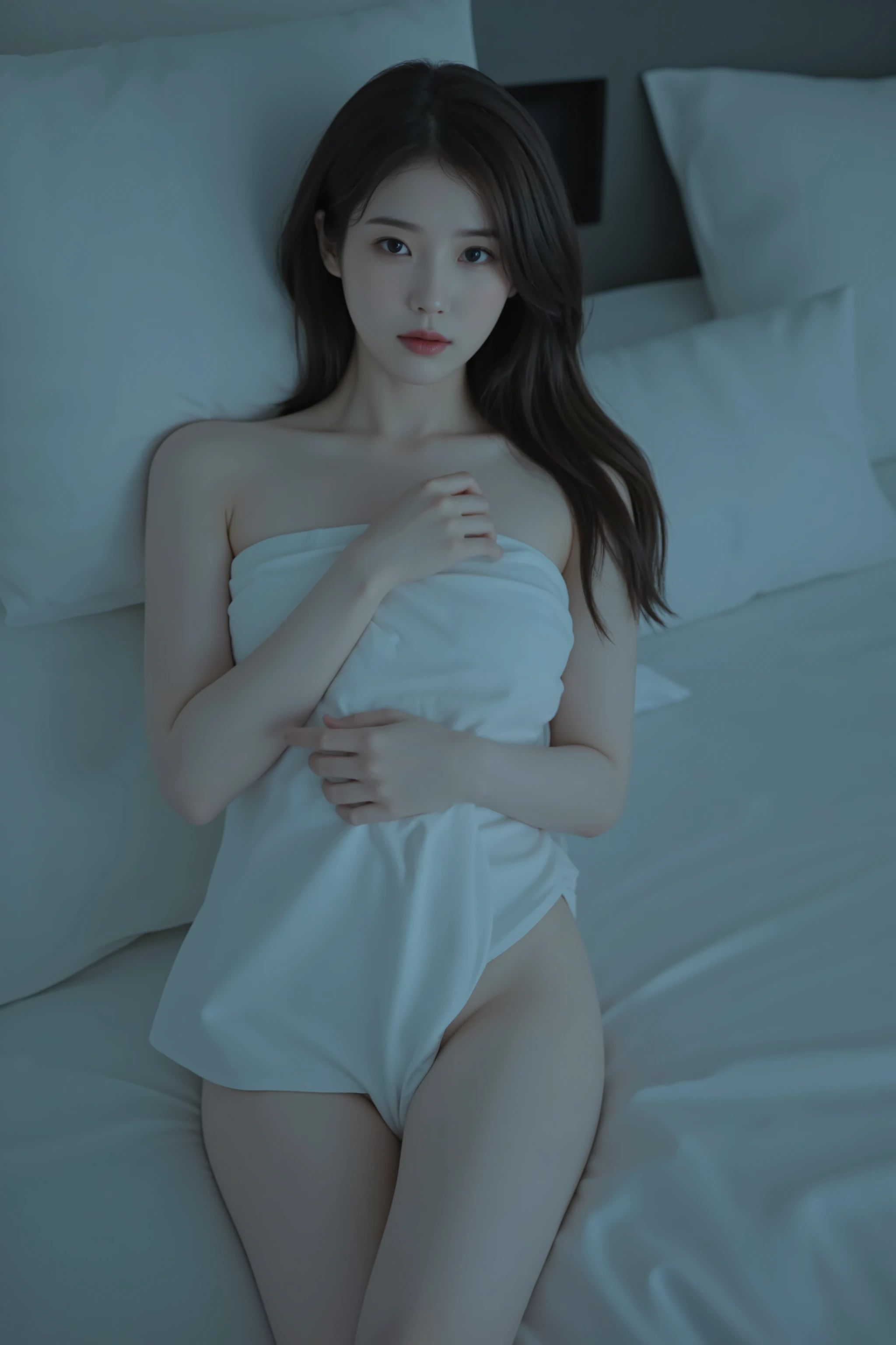 IU is lying on the bed naked, with her body covered by a small towel