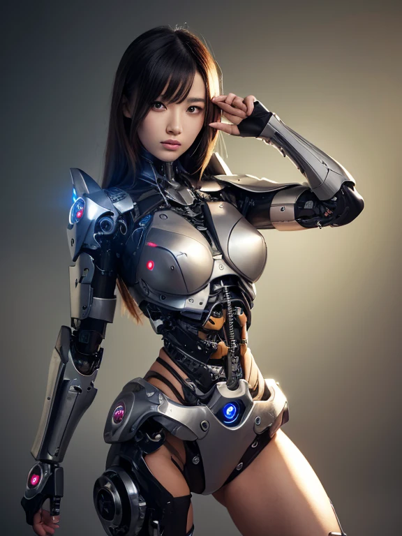 ((highest quality)), ((masterpiece)), ((Perfect Face))、（(Detailed Motorcycle)）、Detailed and clear photos、((Cyborg Woman))、((Cyborg riding sexy gunmetal jacket and leather pants))、((Riding on motorcycle))、((cybernetics))、Slender body、((Woman with a mechanical body))、Communication Headset、(((Steel Fingers)))、(((The body is mechanized)))、Full Body Shot、The background is a futuristic city、smile、（Big eyes and a beautiful face）,(Sexy cyber suit with high skin exposure）、（Sexy pose with butt sticking out）、（Teeth clean、自然なsmileがかわいい）、Laugh anyway
