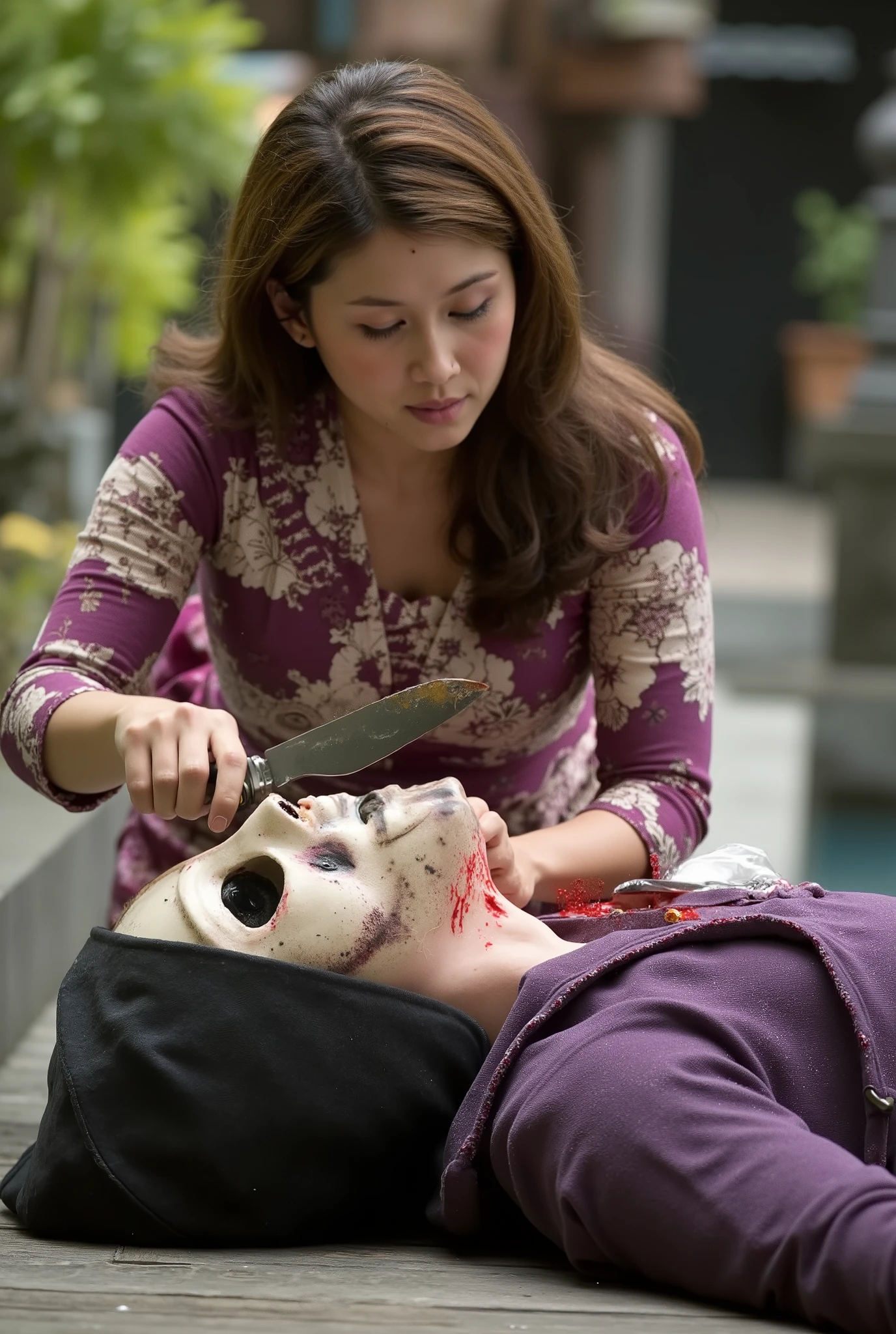 Woman kill male, Woman cut throat male, Woman knife, Woman kebaya bali Indonesia, blood flowed freely down Male neck, black hair, male neck spurted out a lot of blood, male full skeleton mask, a male, male hoodie, handsome male, Woman Slaughter male, male dead, male eyes close