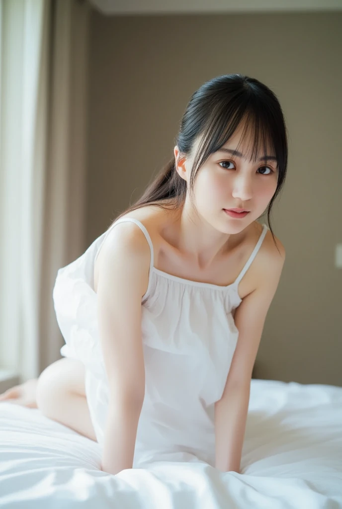 alone、Natural body shape、White skin、Natural Makeup、Black Hair、bangs、Medium Short Hair、、(expensive 、barefoot、White loose see-through T-shirt、Grey underwear)、、(Spread your legs:1.3)、((Wearing a large loose T-shirt on the upper body))、((Looking into the camera))、(((Full body photo)))、(((Exposing your thighs)))、Slightly larger breasts、Bedroom、On the bed、Are sleeping、Focus on the crotch、((barefoot:1.2))、innocent、、A little smile、Face without makeup、Perfect Face、Beautiful thighs thighs、((Small head))、Analog Film、Official Art、relax、Photo taken by lover、Selfie、Thighs are shown、The sunlight is hitting my face and body.、Natural look、、relaxした姿勢、Candid photo、masterpiece、Artistic light