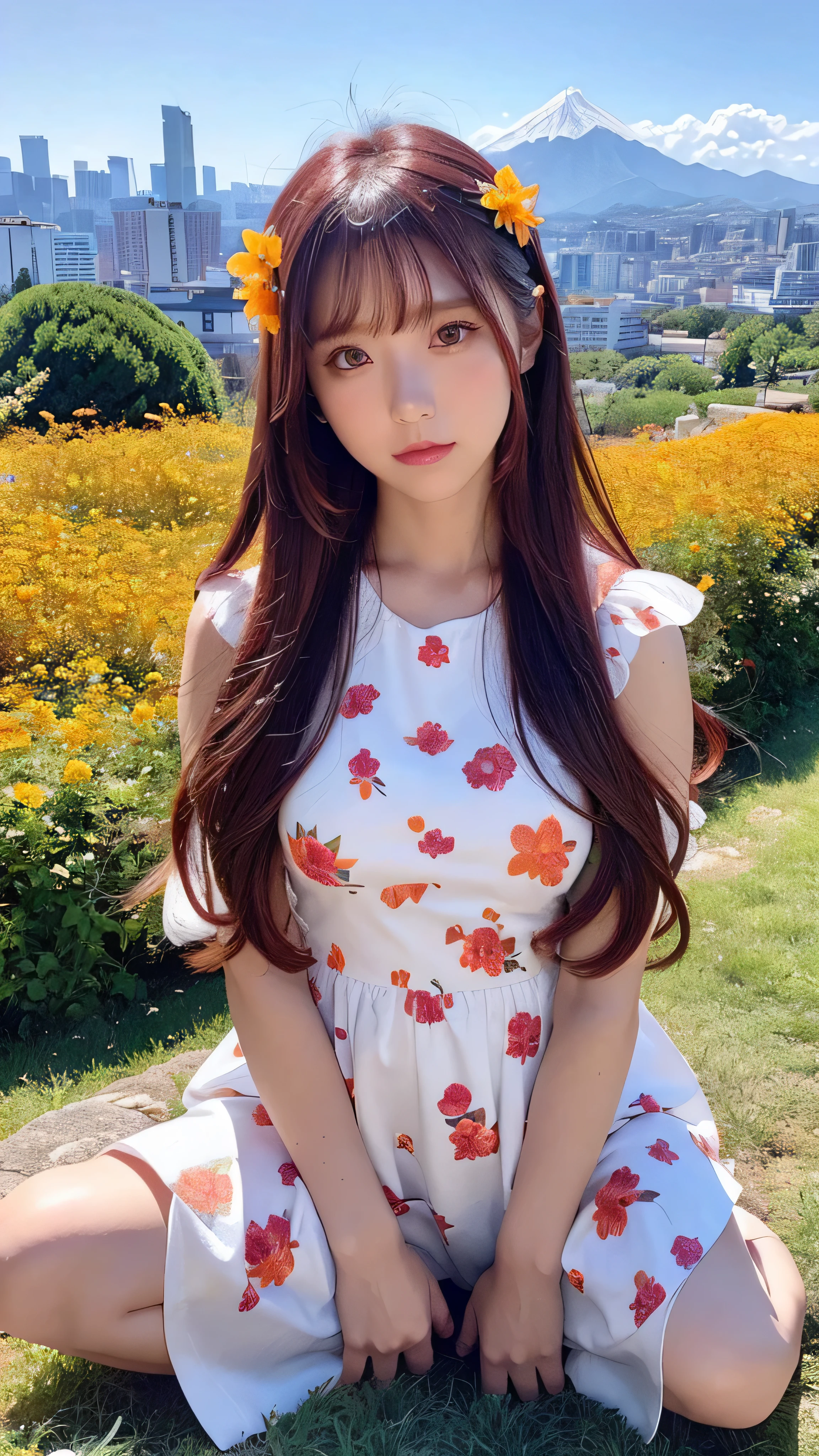  in high definition， White Floral Dress ,  hair band,  maroon hair in the garden,  Kiri Reina female, 顔の Details, Beautiful appearance,  long hair,  Cleevidge , Emotionless,  Details, Full body high definition image, （Surrounded by orange flowers on a hill with a view of the city ）、Surrounded by orange flowers。